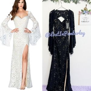 La Femme Embellished Bell Sleeves Floral Lace Sweetheart Maxi Dress